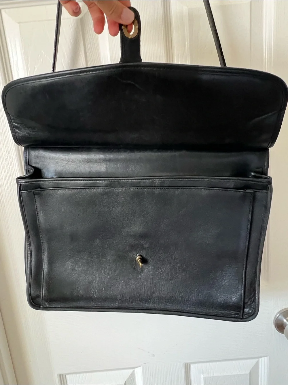 VINTAGE Black Leather Briefcase Shoulder Bag Classic Satchel Style Brass Harware